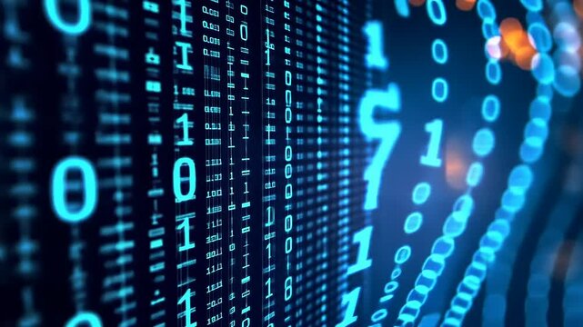 Abstract digital data flow with binary code and glowing lines representing technology and information