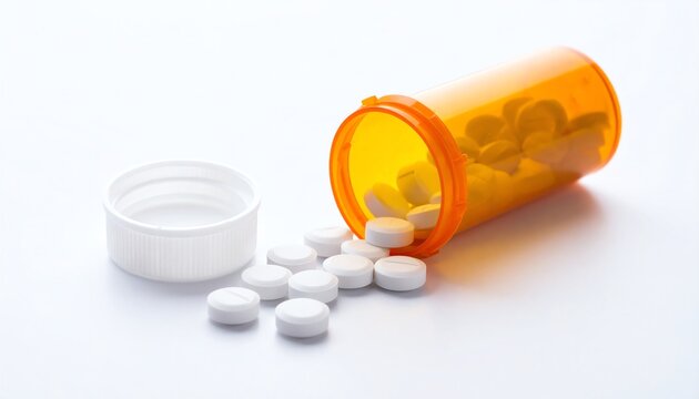 Prescription Pills Spilled from Orange Bottle: Close-up Studio Shot