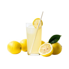 Photograph of a glass filled with lemonade and a straw, surrounded by sliced lemons on a transparent background,  