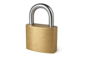 Closed brass padlock with steel shackle isolated on transparent background, representing data protection and security