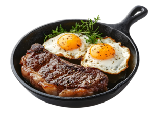 Grilled ribeye steak with sunny side up egg and rosemary sprig served in black cast iron skillet isolated on transparent background