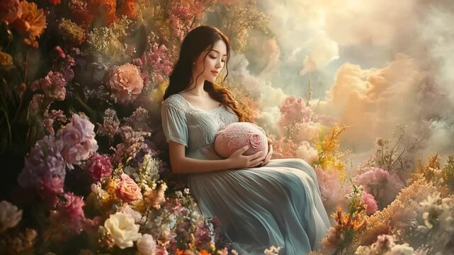 A pregnant woman embraced by flowers in a dreamy and ethereal atmosphere