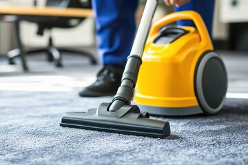 Fototapeta premium Person Using Vacuum Cleaner to Clean Carpet in Modern Office Space
