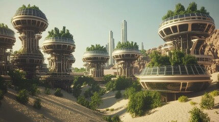 Naklejka premium Futuristic Eco-Friendly Architecture in a Desert Landscape with Modern Structures Surrounded by Greenery and Natural Elements