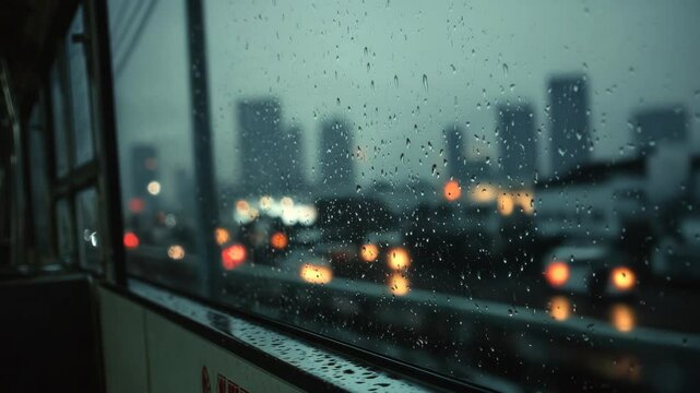 Rain covered window overlooking blurred city lights, representing melancholy, solitude, and rainy evenings
