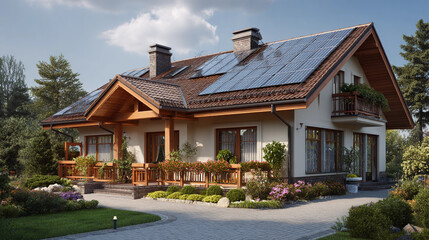 Fototapeta premium Modern Eco Friendly House with Solar Panel Roof Surrounded by Lush Greenery and Clear Blue Sky