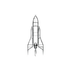 Technical Line Drawing Illustration of a Rocket Blasting Off on White Background