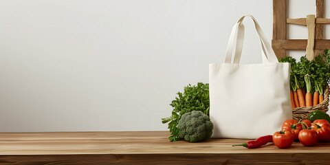 Tote Bag Fresh Vegetables on a table background, Fresh Produce in White Tote Bag with Background 
