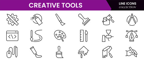 Sleek vector web line icons showcasing creative tools, design software, art supplies, and innovative solutions for artistic expression.