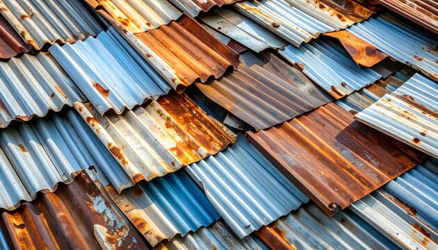 An abstract view showcases a weathered corrugated metal roof featu various colors, textures, and areas of rust, creating a visually interesting pattern.