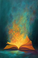 Open book glowing magical colorful fantasy painting sparks imagination surreal