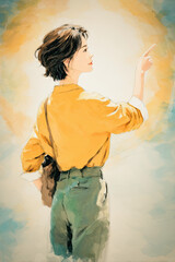 Woman in yellow shirt, green pants, short hair, casual style, pointing, cheerful mood