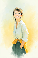Cheerful woman, white shirt, yellow background, Japanese style, halfbody portrait, smiling