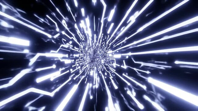 Abstract futuristic neon light trails moving in hyperspace tunnel with glow, seamless loop digital space for visualization of speed, data transfer, science, technology, background