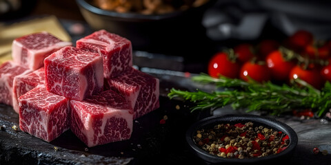 A Cube of Marble Raw Beef with Aromatic Spices A Fresh Butchers, Close-Up of Fresh Raw Beef Cubes with Marbling.
