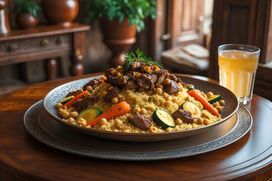 Couscous Tlemcen - Algerian Food That Showcases Regional Flair: A Delicious Couscous Dish Featuring Tender Meat, Seasonal Vegetables, and Unique Spices from the Historic City of Tlemcen.