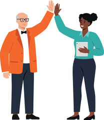 Diverse coworkers giving high five celebrating success and teamwork in office vector illustration 