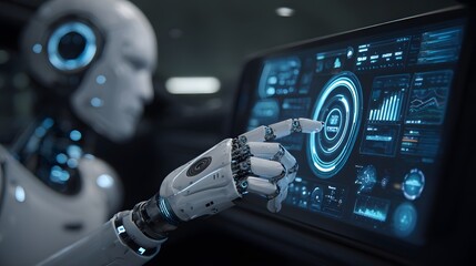 Futuristic Humanoid Robot Interacting with Digital Touchscreen Interface in High-tech Environment