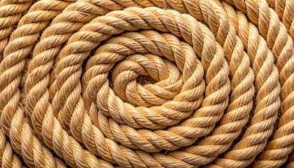 A neatly coiled natural fiber rope with a spiral pattern is presented in a close up shot, showcasing texture and repeating circular forms across the frame.