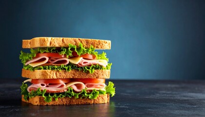 A delicious double decker sandwich is piled high with ham, cheese, tomatoes, and lettuce creating a colorful and appetizing meal ready to be enjoyed now.