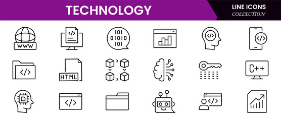 Cutting-edge vector web line icons depicting technology, coding, software development, innovation, and digital transformation for modern solutions.