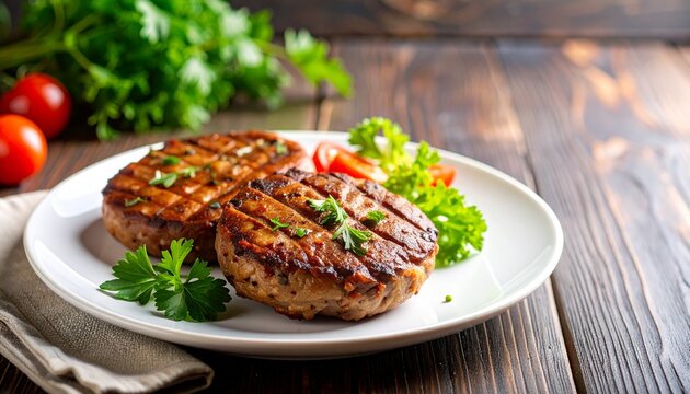 Two grilled plant based burgers are beautifully presented on a white plate with fresh tomatoes and herbs, set on a rustic wooden table, ready to be enjoyed. - Powered by Adobe