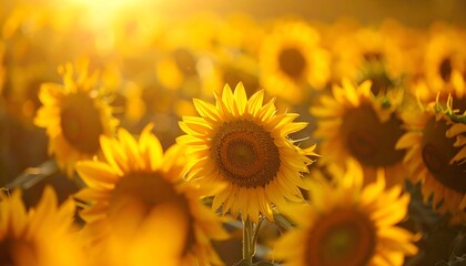 Obraz premium Golden Hour Sunflowers: A Stunning Field of Sunflowers Bathed in the Warm Glow of Sunset, Creating a Captivating and Serene Natural Scene. Perfect for Summer, Nature, and Agriculture Themes.