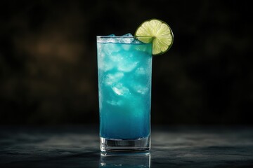 Vibrant blue cocktail with lime garnish.