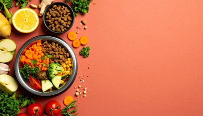 Overhead shot shows a balanced bowl of nutritious dog food next to fresh ingredients like carrots, broccoli, and orange slices on a bright pink background.
