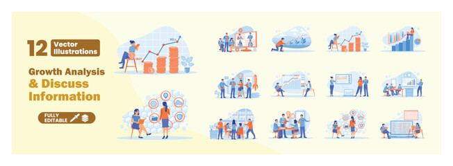 Office workers illustrations analyzing data developments and discussing information. mega set.