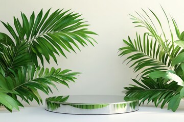 Fototapeta premium Polished, round display podium surrounded by lush green palm fronds.