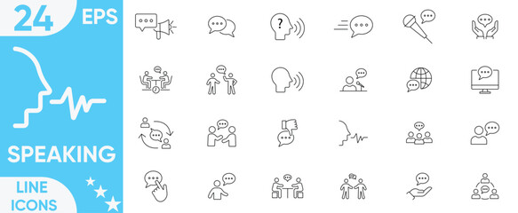 Speaking icon set.Discussion, team, relationships, support, social, talking, public speaking, speech bubble, talking, consultation and more.Vector and illustrator set.