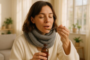 Coughing: A woman with short brown hair is taking medicine from a spoon, wearing a cozy scarf and robe indoors