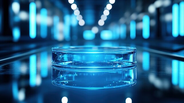 Clear glass disc, blue glow, futuristic
