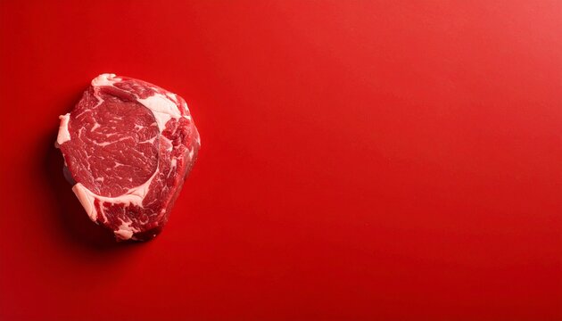Isolated raw ribeye steak rests on a vibrant red background, showcasing its marbling and fresh appearance, ready to be cooked for a delicious meal at home.