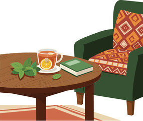 Cozy green armchair with patterned cushion and wooden table holding tea cup and book in relaxing home setting 