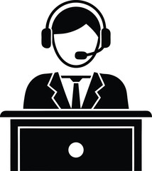 Black and white drawing depicting Silhouette a customer support agent with laptop