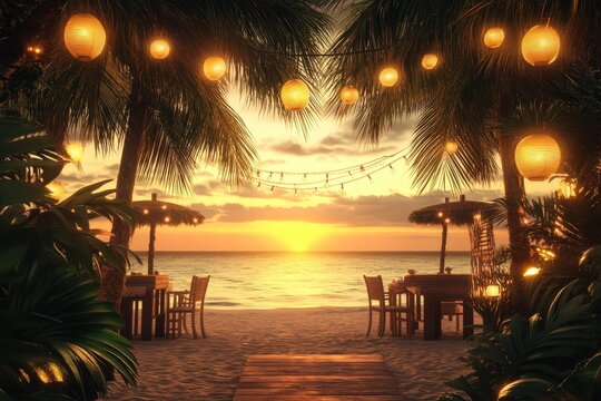 Romantic beachfront dining at sunset.
