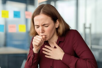 Coughing: A woman in a maroon blouse is coughing while sitting at an office desk, holding her chest in discomfort