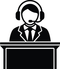 Customer service representative wearing headset Silhouette sitting behind reception desk icon