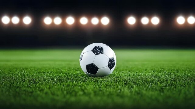 A close-up view of a soccer ball on a green field under stadium lights.