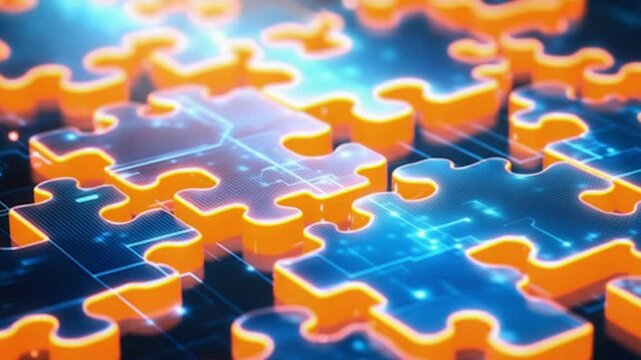 Digital puzzle pieces interlocking seamlessly, glowing against a futuristic blue abstract background, symbolizing the concept of API integration and seamless connectivity