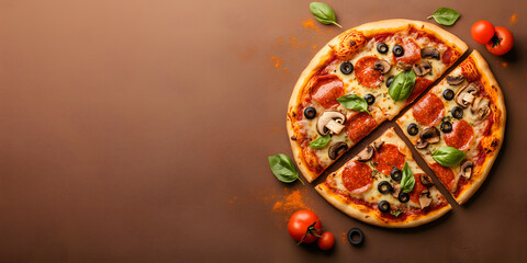 Delicious Round Pizza Background, Delicious pepperoni pizza with black olives on a Background