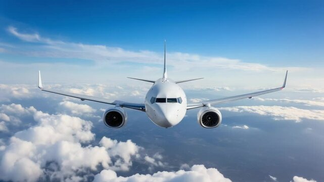 Low angle shot, closeup of an airplane flying in the sky, high-resolution photography captures the scene, sun and blue sky