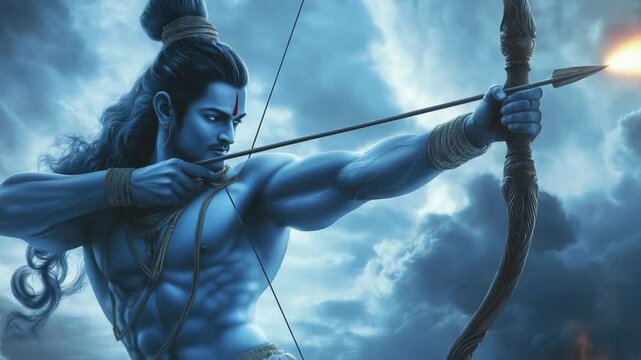 Lord Rama, depicted with a radiant blue body, long flowing hair with a bun, and wearing traditional royal dhoti and ornaments, muscular body, holding a majestic bow and aiming an arrow