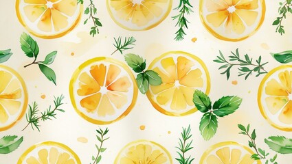 Seamless watercolor pattern of lemon slices, mint leaves, rosemary, and thyme on a soft cream background &ndash; fresh and natural vibe