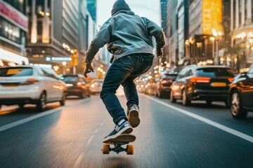 Obraz premium Skater Riding Through Busy City Streets at Rush Hour