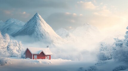 Charming red cabin nestled in a serene winter wonderland surrounded by snow-capped mountains and pristine nature landscape