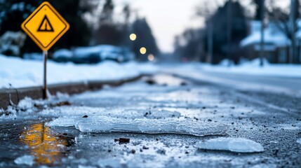 Dangerous icy road conditions with warning sign in winter season