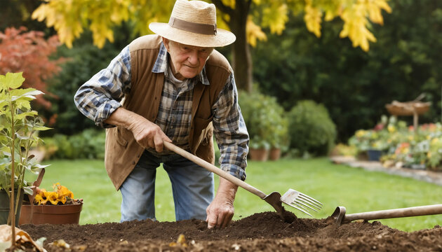 Grandpa is planting trees. - Powered by Adobe